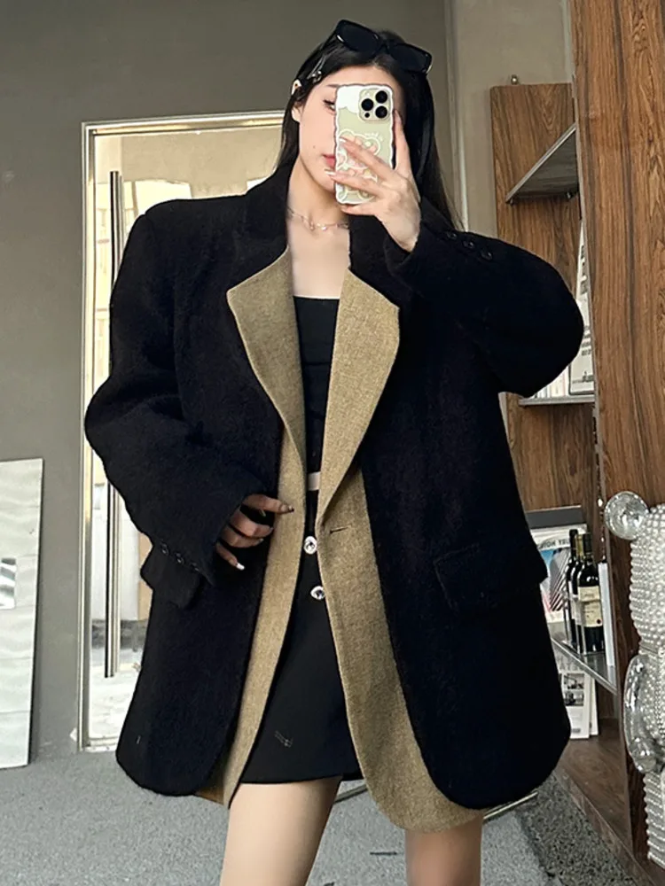 BZVW черный толстый шерстяной пиджак для женщин индивидуальный контрастного цвета