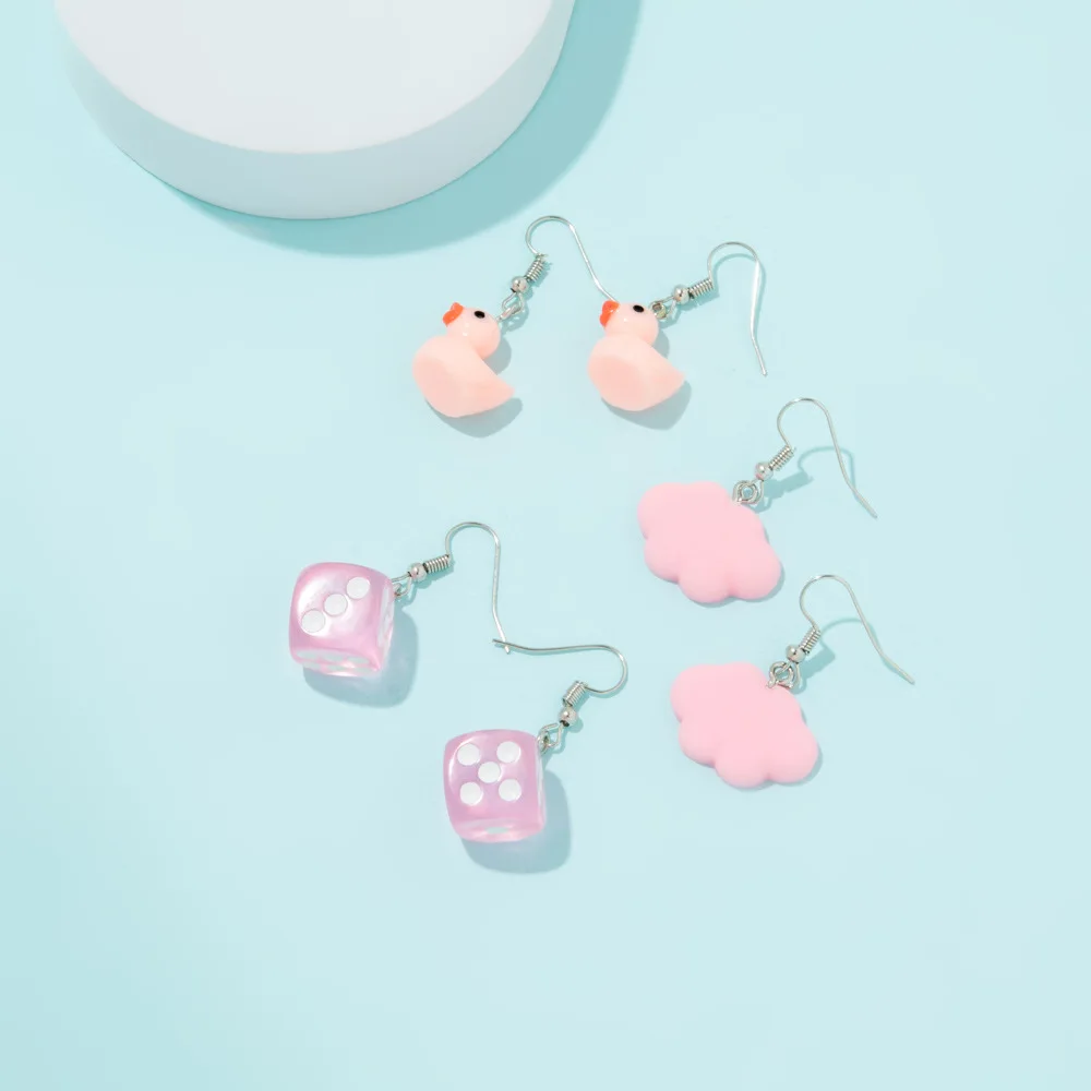 

3Pairs/set Funny Duck Small Cartoon Cloud Dice Resin Earrings for Women Girls Fashion Jewelry Party Fashion Drop Earrings