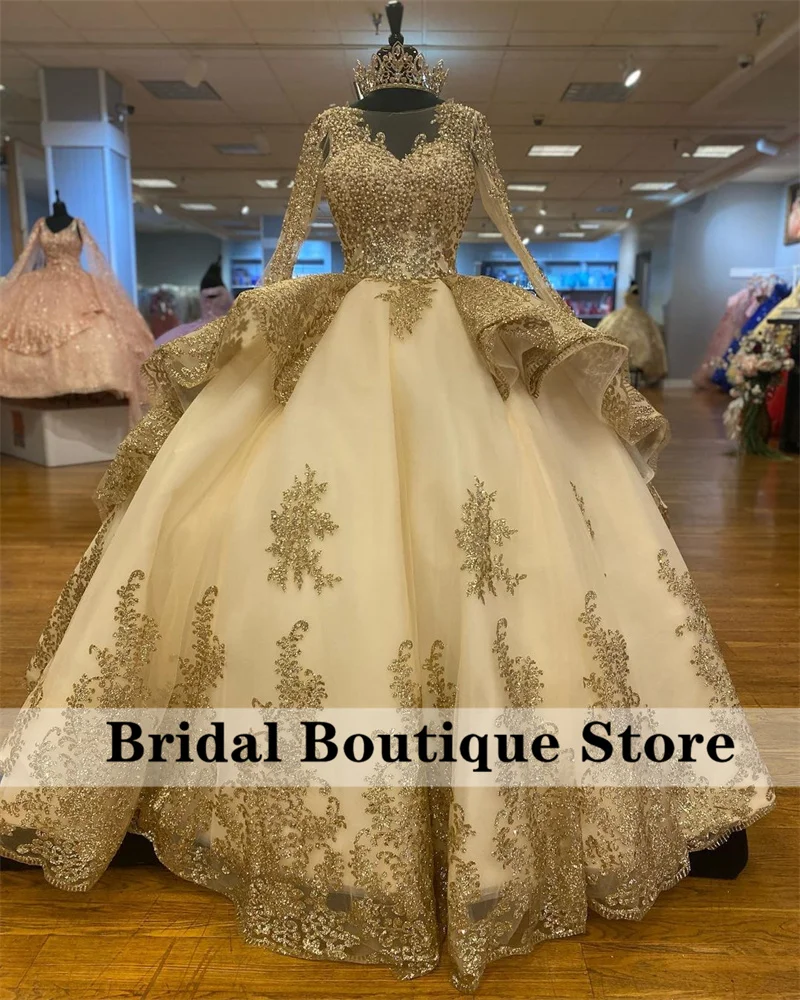 

Sparkly Champagne Princess Quinceanera Dress 2022 Long Sleeves Sequin Applique Pearls Sweet 16 Dress Vestidos De 15 Años Lace-Up