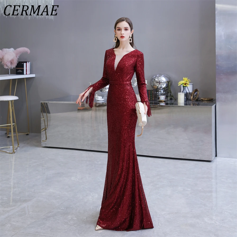 

CERMAE Sheath Sequins A-line Chiffon Evening Gown Prom V-Neck Red Party Formal Dresses for Women 2023 PHOTO FACTORY PRICE