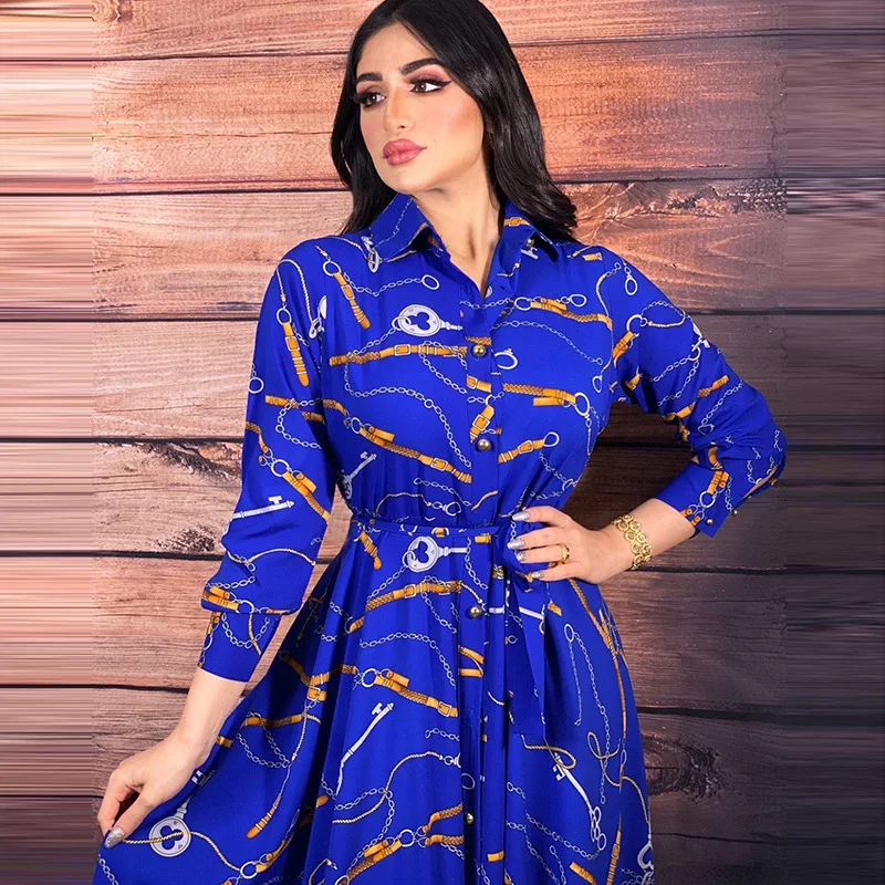 Muslim Chain Print Shirt Dresses for Women Dubai Abaya Turkey Arabic Oman Lapel Single-breasted Kaftan Hijab Dress 2021 Jalabiya