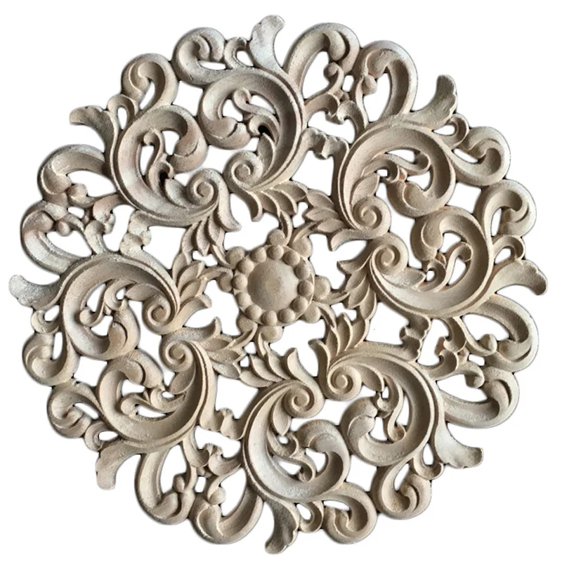 

24-30cm Unpainted Wood Carved Corner Onlay Applique Frame Wall Door Round Natural Woodcarving Decorative Furniture Figurines
