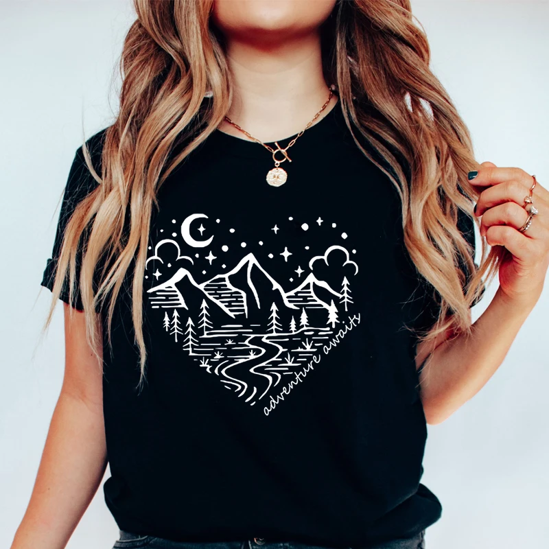 Crew Neck Short Sleeve T-shirt Women Mountain Hiking Gifts Funny Camping Shirt Adventure Awaits Outdoor Graphic T Shirts