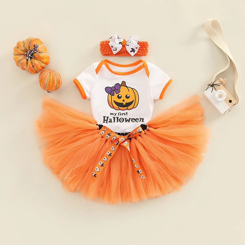 

Комплект с юбкой для маленьких девочек, шапка ведьмы с вышивкой и боди с буквенным принтом + юбка-баллон с мультяшным призраком + повязка на голову с бантом