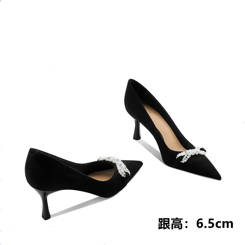 

Ladies Black Highheeled Women Shoes Suede Pointed Stiletto Single Shoe with Pearl Decoration Sexy Party High Heels Mujer Sapato