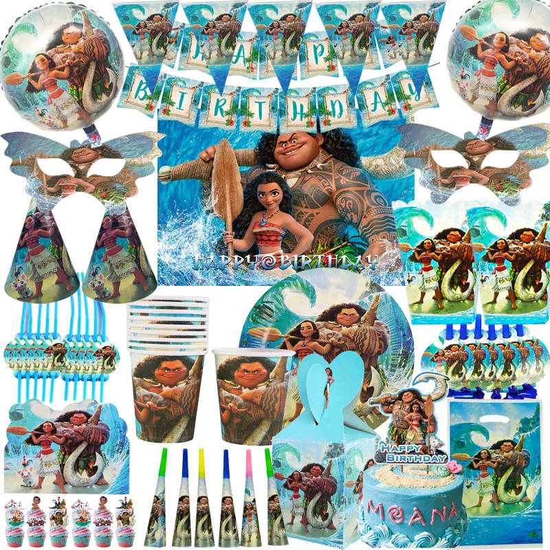 

Disney Cartoon Moana Birthday Party Decoration Supplies Disposable Cutlery Cup Paper Balloon Background Baby Shower Kid Gift