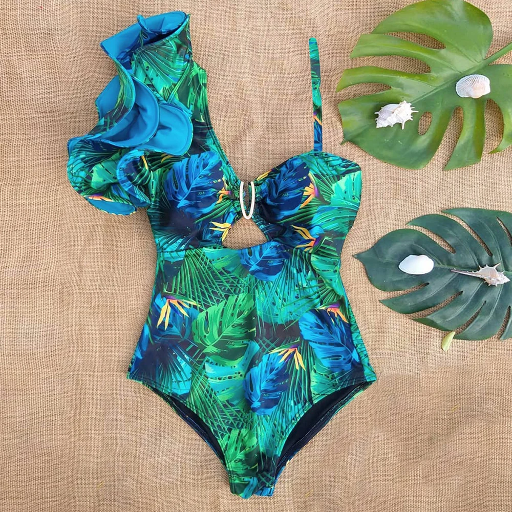

2022 Sexy One Shoulder Ruffle One Piece Swimsuit Print Floral Swimwear Women Swimsuit Bathing Suit Beachwear Monokini