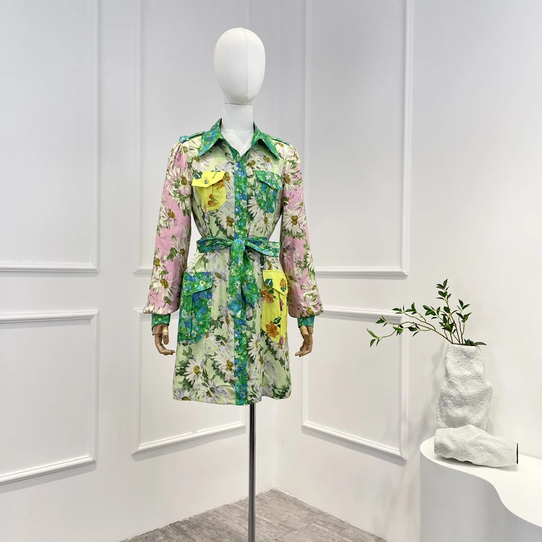 

2023 New Arrivals Vintage Floral Printing Turn-down Collar Pockets Mini Dress with Self Tie Bow Belt Spring Summer for Women