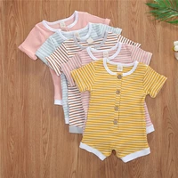 newborn baby clothes ribbed striped romper short sleeve o neck button up short jumpsuit baby girl boy summer clothes