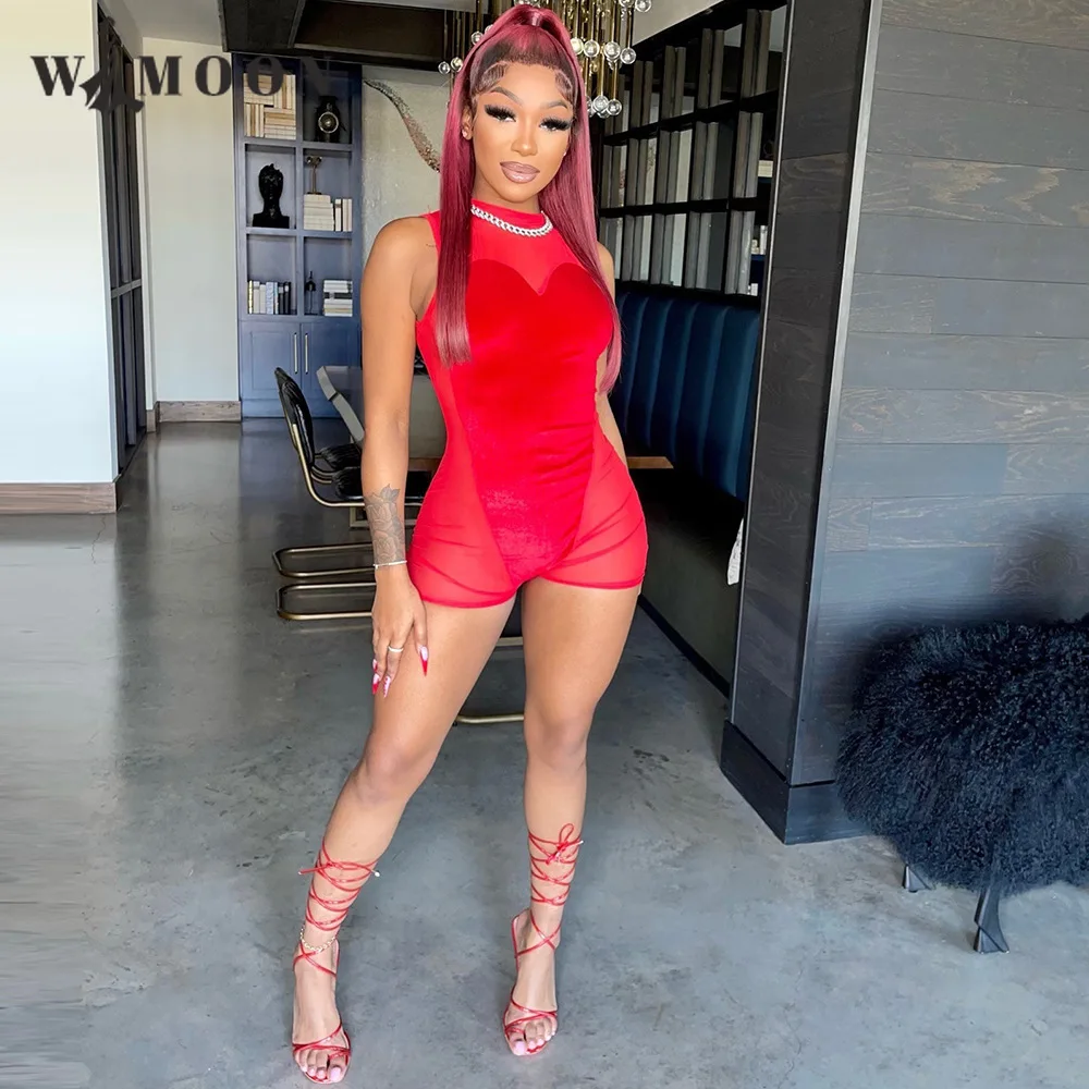 See Through Gauze Rompers Women 2022 Spring Summer Ins New Mesh Stitching Heart-shaped Club Street Sexy Zipper Casual Jumpsuit