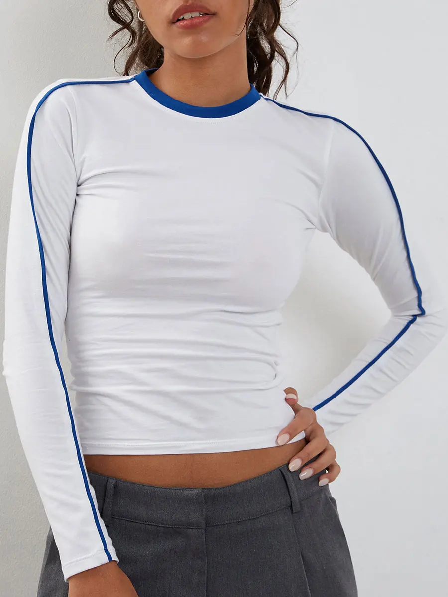 

Кроп-Топ женский облегающий с длинным рукавом, короткая футболка в стиле пэчворк, рубашка с круглым вырезом, приталенный силуэт, уличная одежда y2k, весна