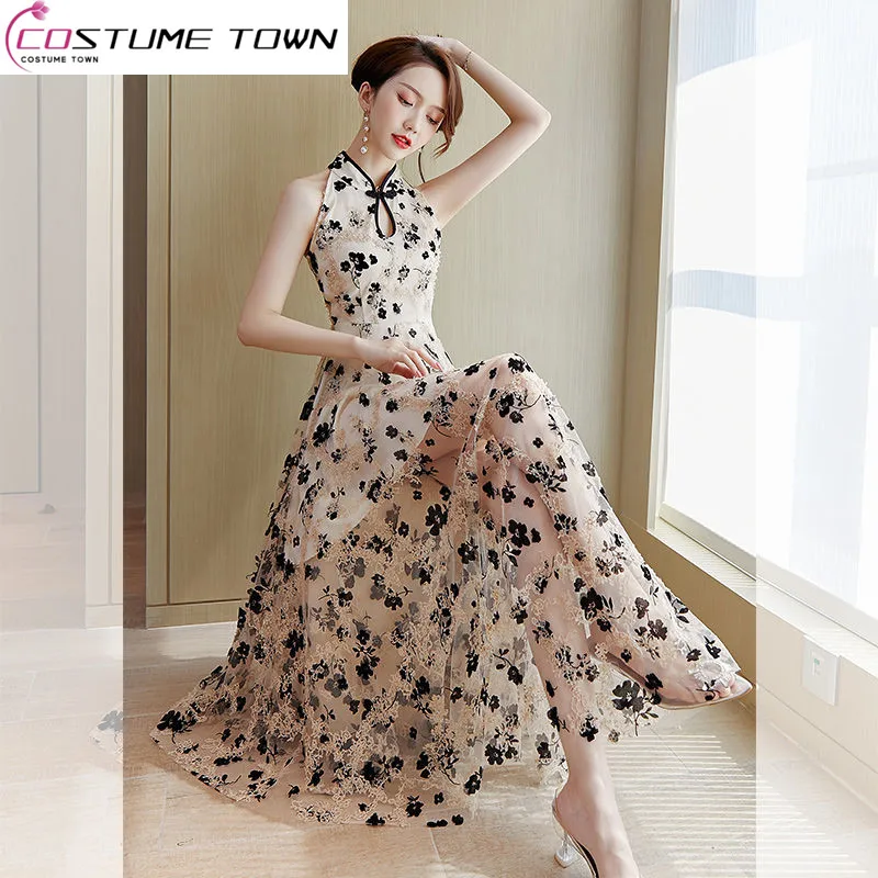 

Qipao Fragmented Flower Dress 2023 New Spring/Summer Vintage Fairy Dress Long Dress Temperament Dress Women's Summer