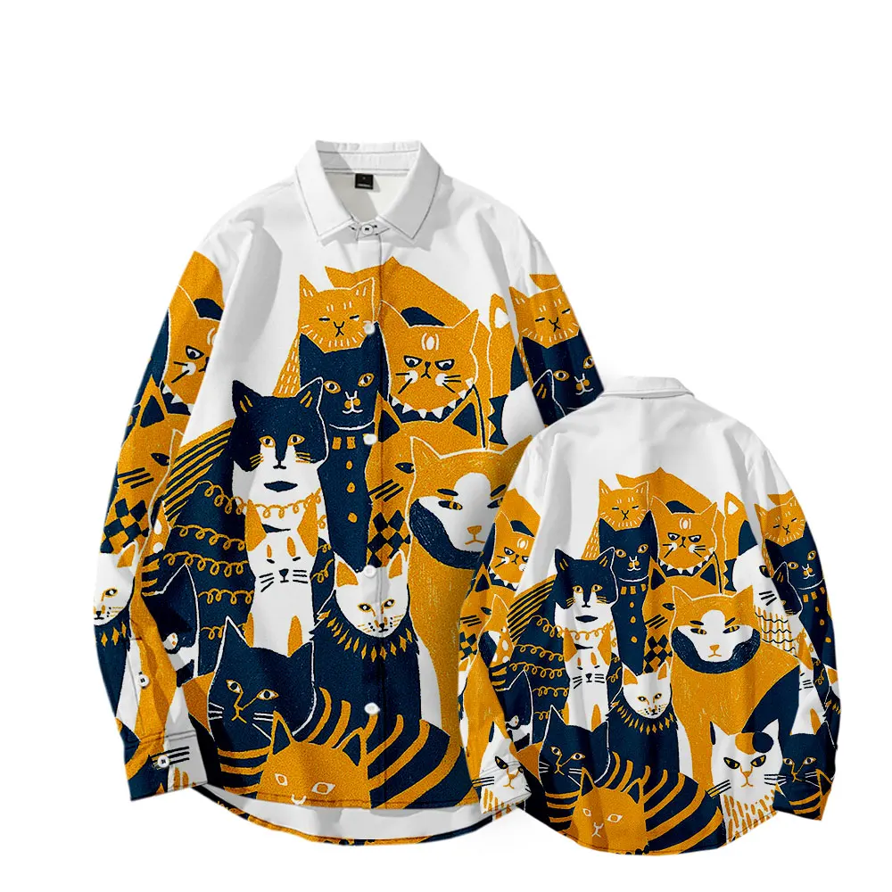 

Plus Size Men Clothes Long Sleeve Shirts Cartoon Cat Print 2022 Fashion Casual Loose Harajuku Hawaiian Vintage Blouse Streetwear