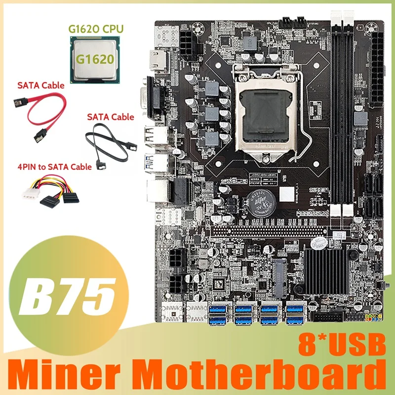 B75 ETH Mining Motherboard 8XUSB Adapter+G1620 CPU+2XSATA Cable+4PIN To SATA Cable LGA1155 B75 USB Miner Motherboard