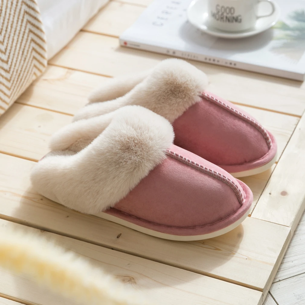 

New Women Fur Home Slippers Quality Suede Flat Cotton Shoes Man Plush Slippers Couple Bedroom Slides Furry Indoor Shoes