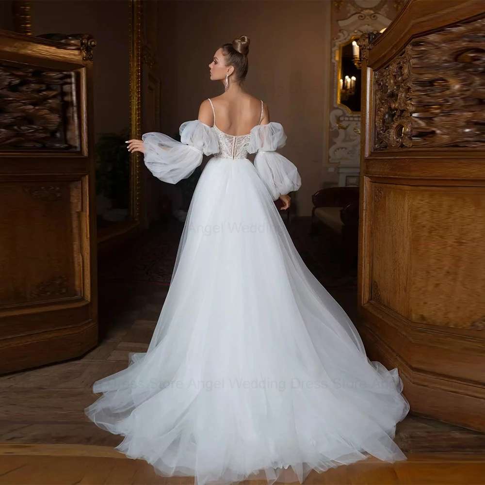 Фото Белое Тюлевое свадебное платье с а-силуэтом ANGEL Princess, свадебное платье в стиле бохо с длинными рукавами-фонариками, свадебная одежда на бретелях-спагетти для невесты №3