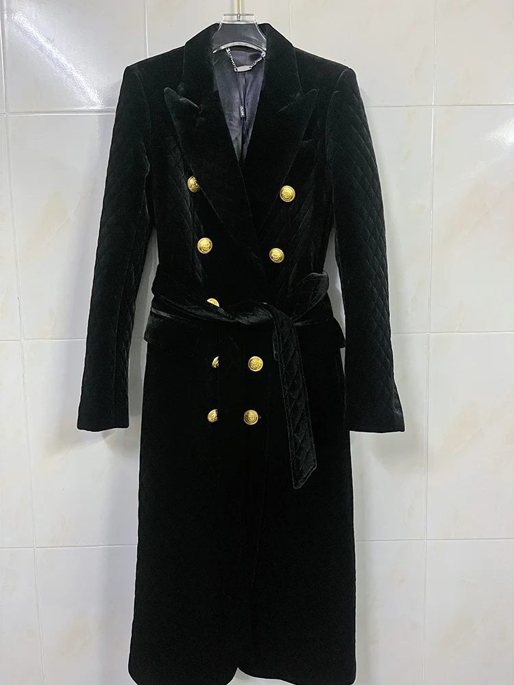 

HIGH STREET Newest 2023 Designer Coat Women's Double Breasted Grid Sewing Velvet Belted Extra Long OverCoat Over the Knee