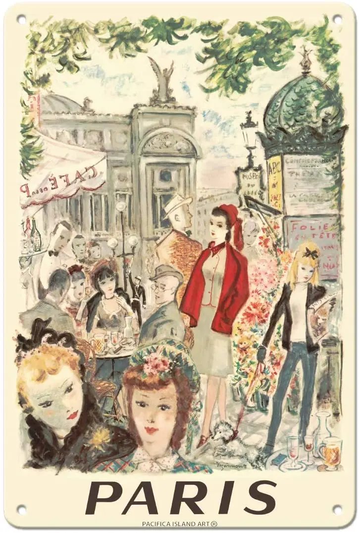 

France Sidewalk Near Opera National de Paris Poster by Dignimont 12in Vintage Metal Tin Sign