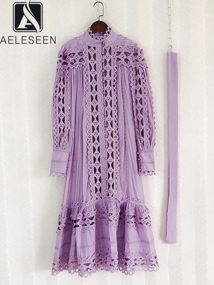 

Женское винтажное длинное платье AELESEEN, повседневное плиссированное платье с рукавами-фонариками, однотонное фиолетовое вечерние с жемчужинами