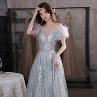 off the shoulder silver prom dresses elegant feather summer a line sweetheart sequined tulle ceremony evening party gowns soiree