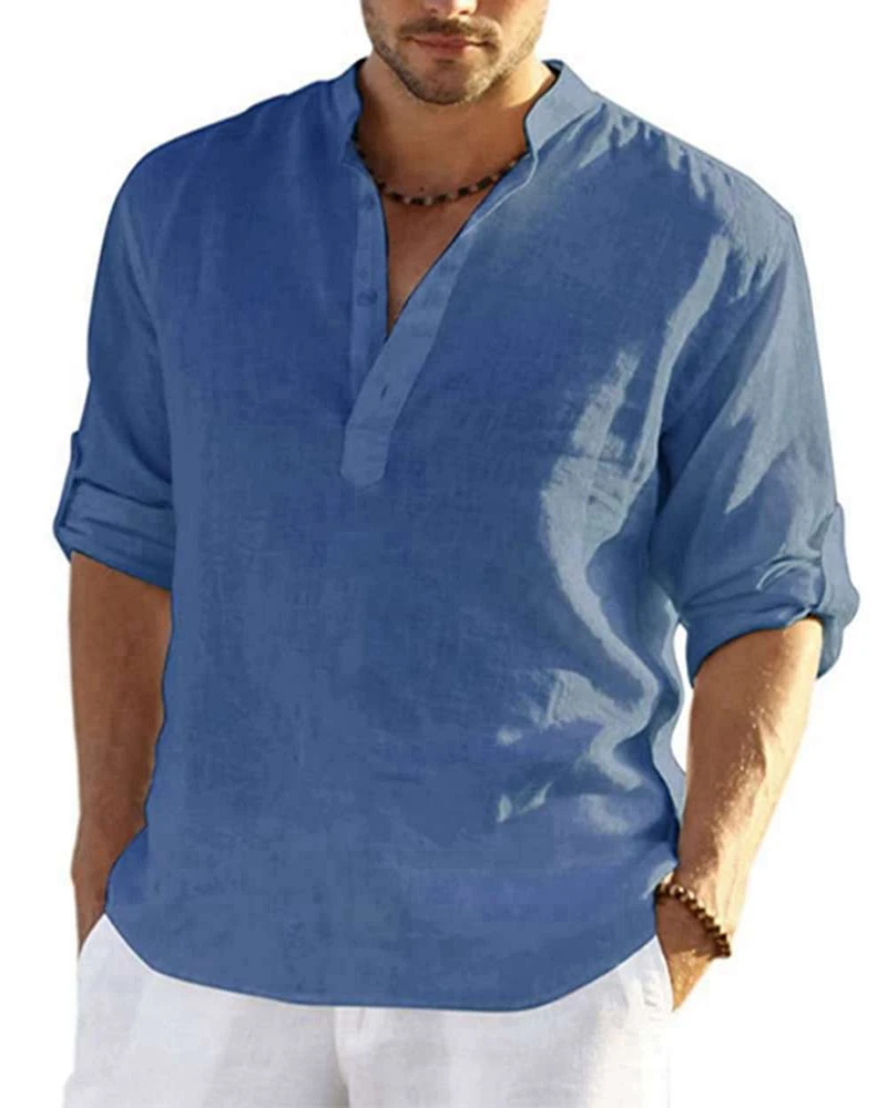

Long Sleeve Shirt Cotton Linen Blouse Tops Sexy Tee Men Clothing Solid Color Casual V Collar Mens Blouse 2022 Summer Beach Shirt