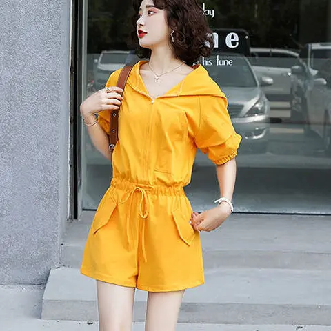 

Women 2022 Summer New Fashion Playsuits Female Casual Solid Color One-piece Waist Short-sleeve Hooded Jumpsuit Rompers C52