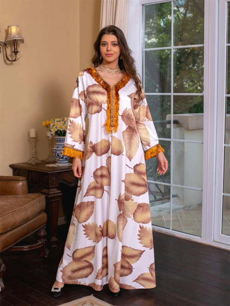 Ramadan Jalabiya Dress Elegant Casual Leaf Print Fashion Feather Sleeve Long Dresses Dubai Abaya Luxury For Muslim Women