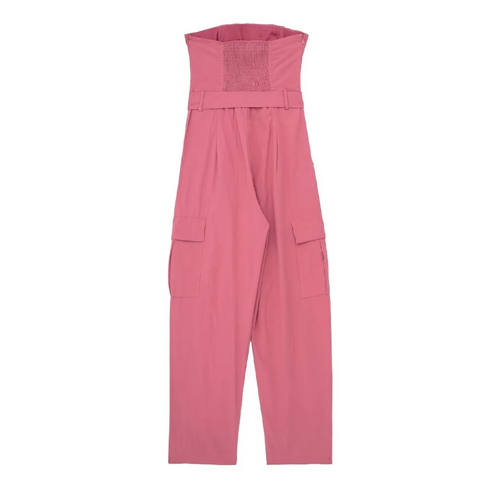 TRAF Women Fashion With Belt Patch Pockets Strapless Cargo Jumpsuits Sexy Straight Neck Side Zipper Female Playsuits Mujer