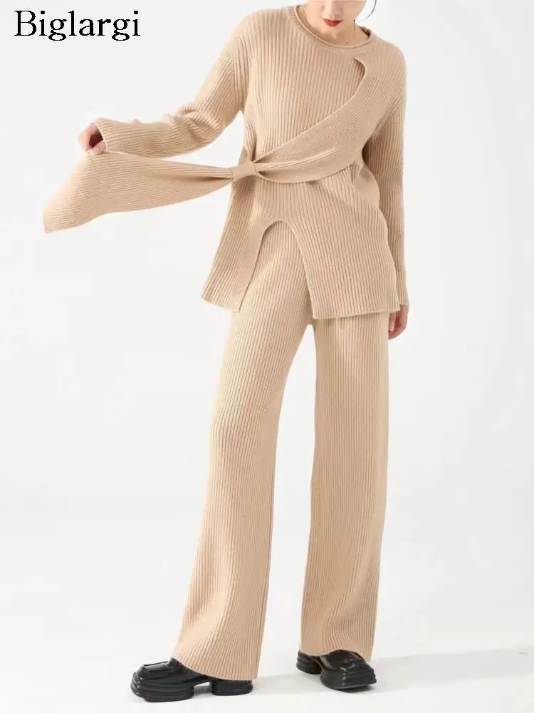 

Женский вязаный комплект из 2 предметов, пуловер асимметричного кроя с широкими штанинами на осень и зиму, корейский стиль, 2023