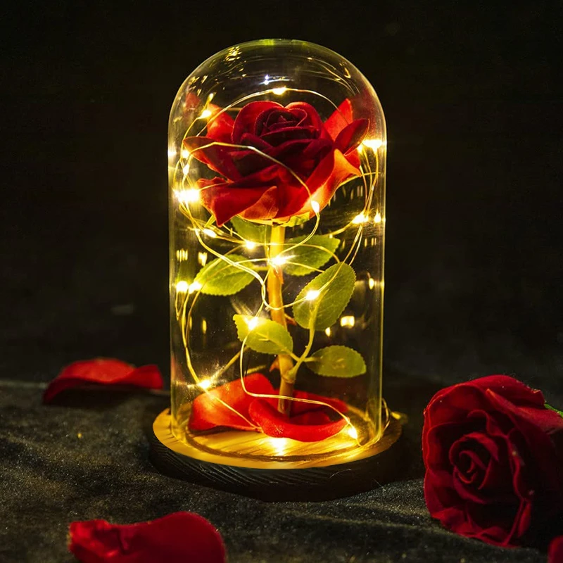 

Preserved Rose Flower in Glass Dome Artificial Flower Rose with LED Light Valentine's Day Anniversary Birthday Xmas Gift for Her