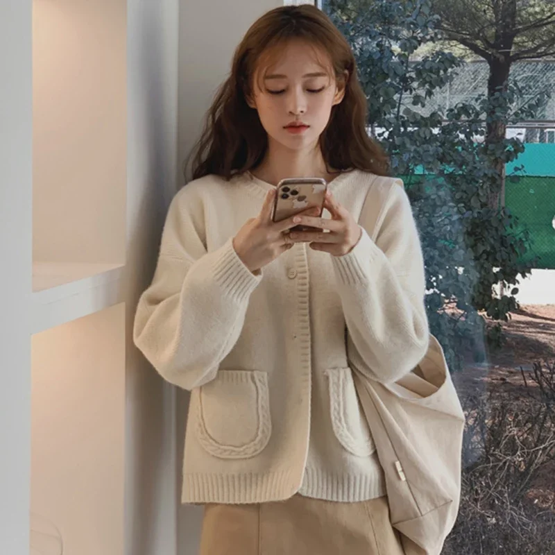 Корейские модные однобортные свободные повседневные вязаные кардиганы с