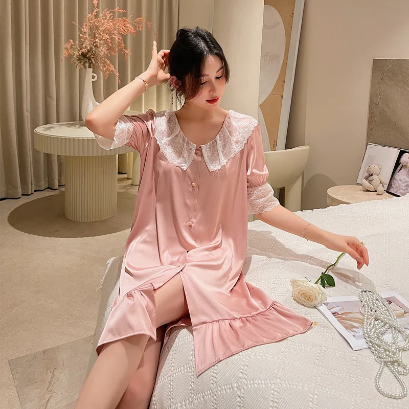 

Sweet Women's Cardigan Nightdress Lace Pater Pan Collar Nightgown Summer Princess Thin Rayon Sleepshirts M-L Casual Home Clothes