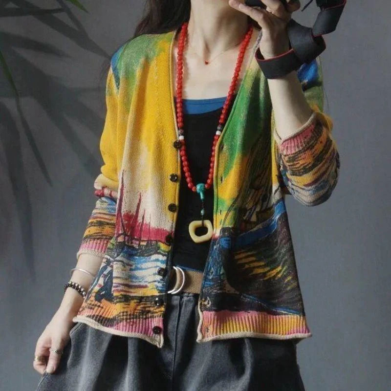 

Корейский Графический свитер, кардиган, Женская винтажная вязаная одежда, женский свитер, вязаный топ с длинными рукавами, Осень-зима 2023, Новинка