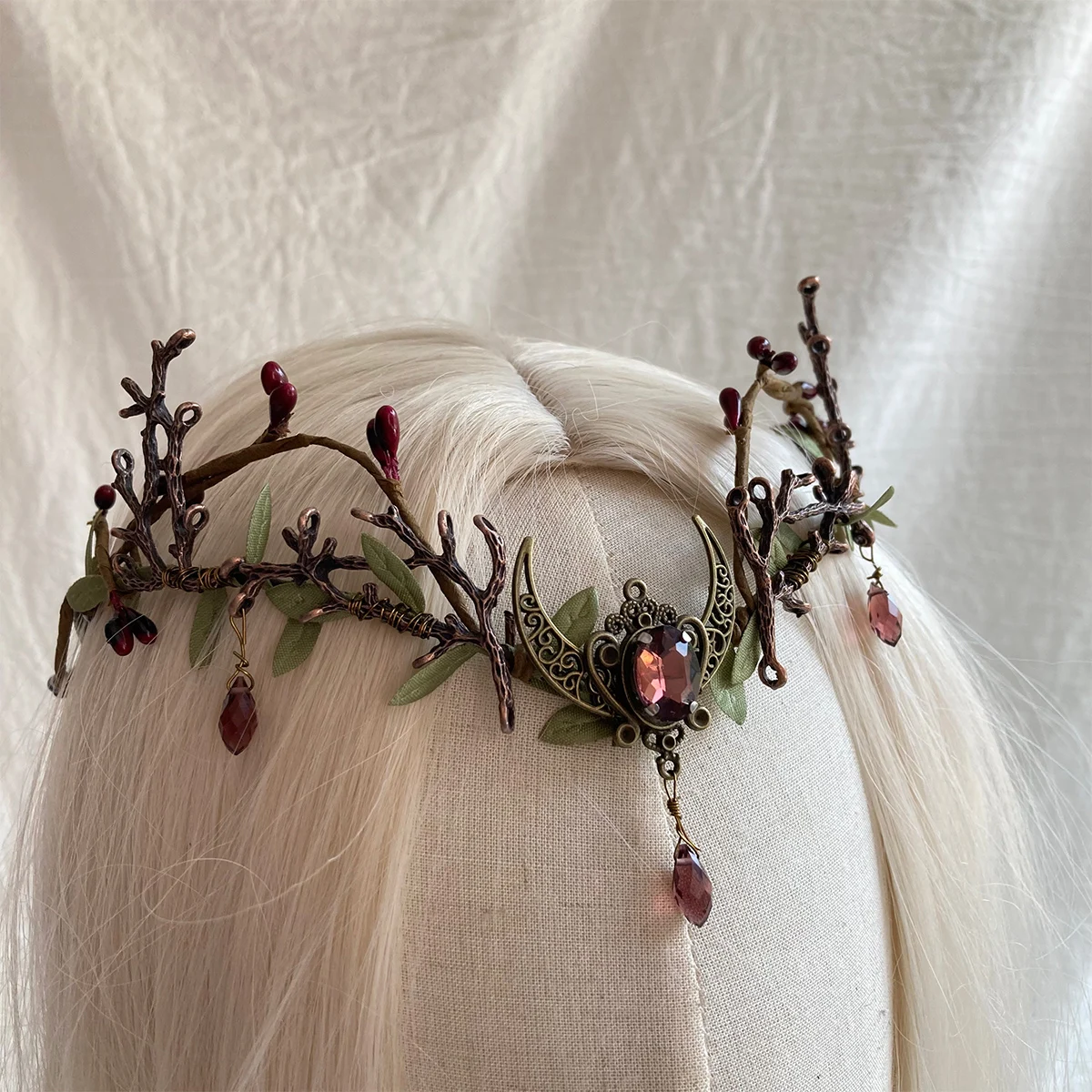 

Handmade Woodland Elven Forest Leaves Crown Red Waterdrop Tiara Moon Circlet Goddess Circlet Fairy Goddess Wedding Crown