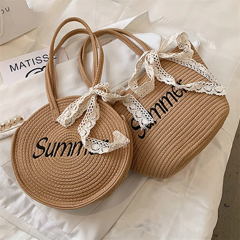 

Summer Hand-Woven Handbags Cotton Rope Beach Vacation Bags Letter Printed Handmade Straw Bag Fashion Shoulder Underarm Bag Purse