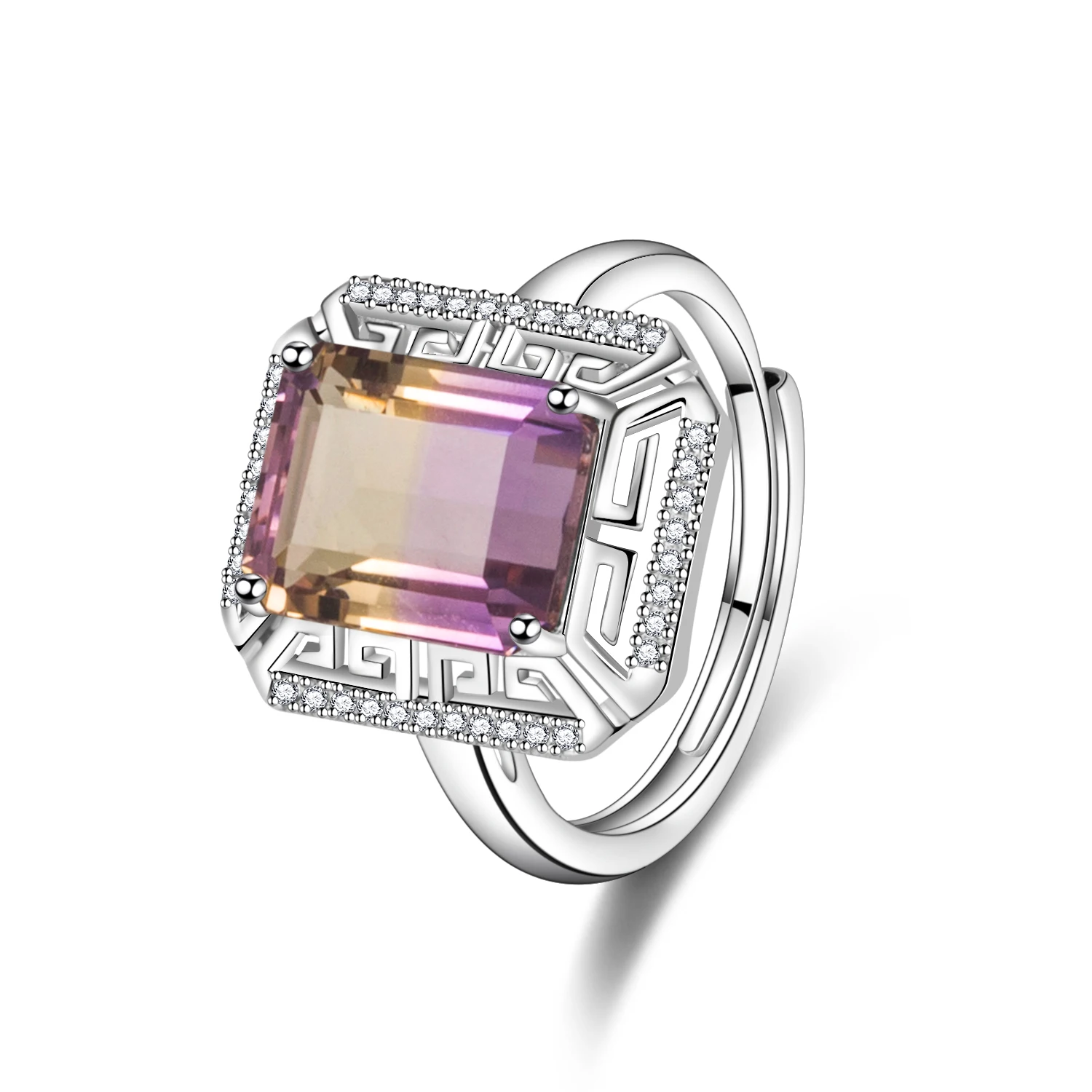 925 Sterling Silver Ametrine With Round White CZ Ring Emerald Cut Ametrine Ring