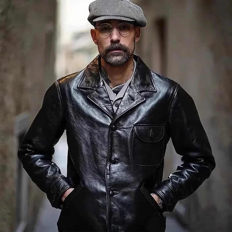 LNY Shop Top. Мужская черная кожаная куртка в стиле ретро без покрытия. одежда для