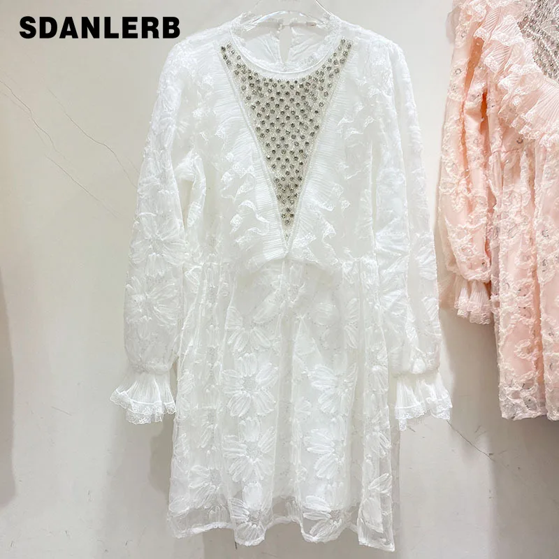 

Exquisite Rhinestone Ruffled Patchwork Flared Sleeves Dress for Women 2022 Early Spring New Loose Western Style Mid-length Dress
