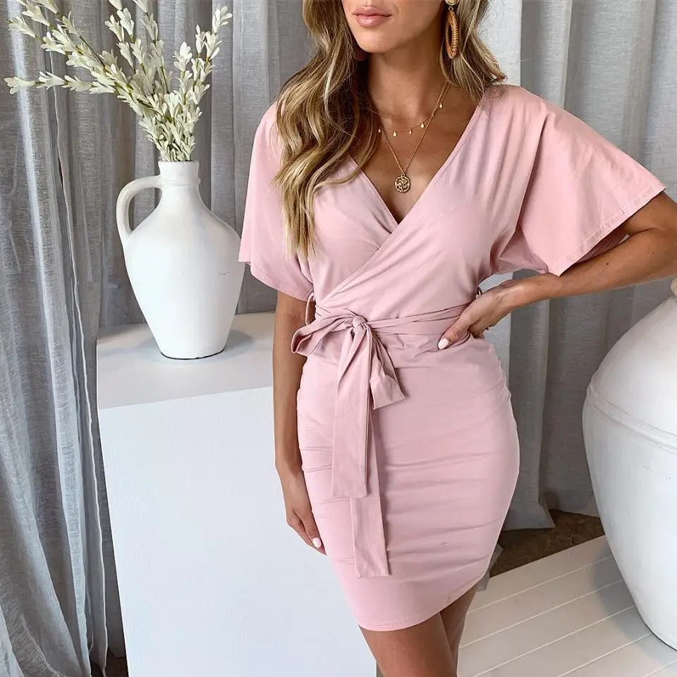 

Autumn Women's Dress Pink Sexy Backless Lace Up Bandage Short Sleeve Elegant Dresses Female Casual Fashion Ladies Clothes