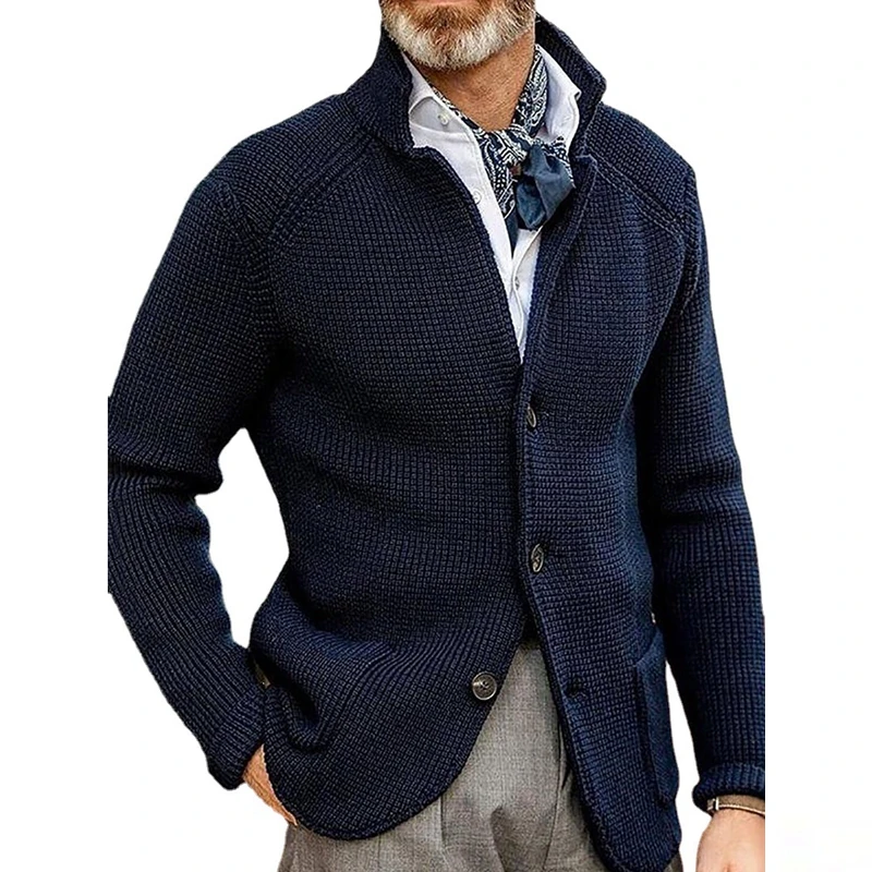 Suéter de punto para hombre, cárdigan de un solo pecho con botón, de Color sólido, con cuello levantado, de manga completa, Invierno