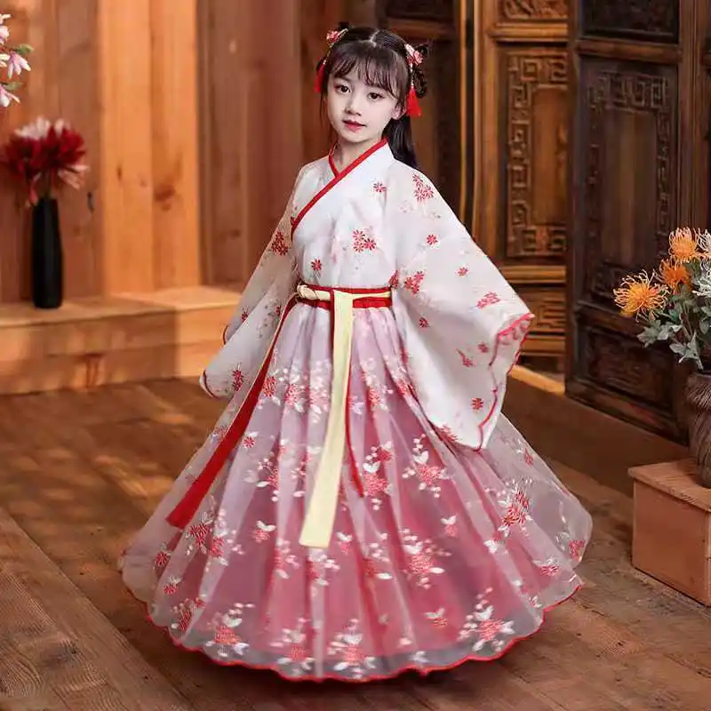 New Hanfu girls spring and autumn children's costume dress 3-12 years old girl cherry blossom princess dress Chinese style child