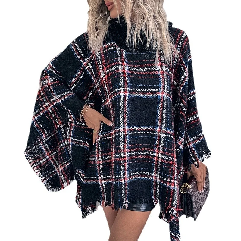 

Casual fashion sweater Autumn/Winter 2023 New Women's Knitted Cloak Pullover Collar Colorful Plaid Stripe Shawl Women