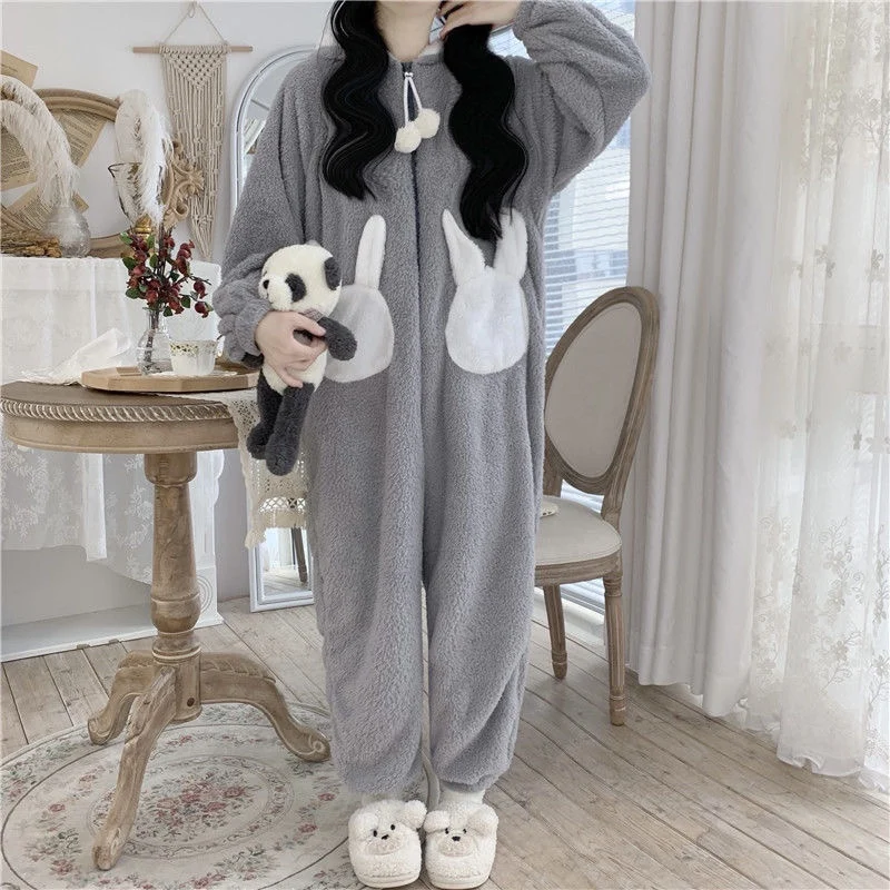 QWEEK Bunny Hooded Onesies Women Kigurumi Pajamas Cute Pijama Winter Warm Sleepwear Kawaii Female Set with Pants Long Sleeve |