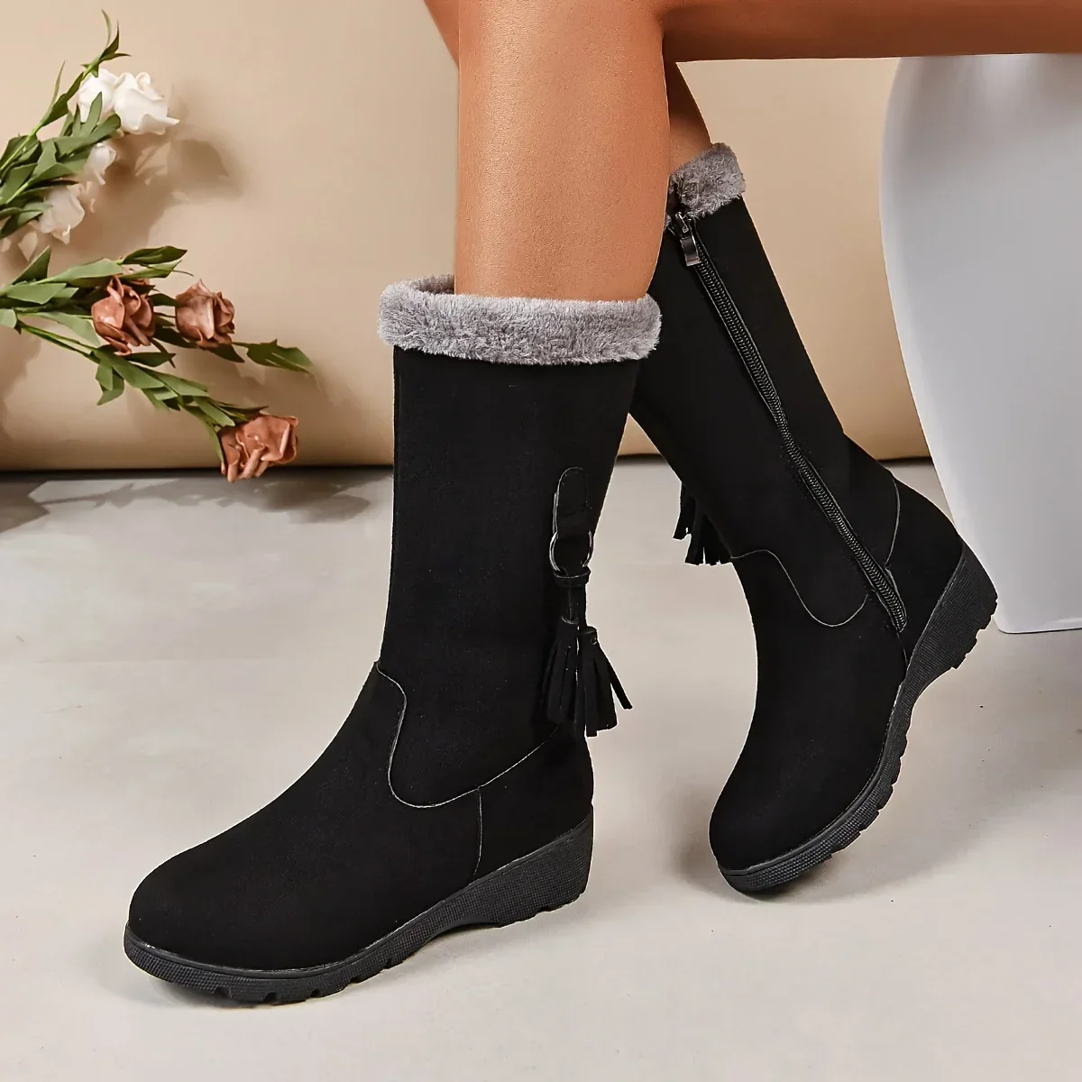 

Женские ботинки средней длины, теплые зимние ботинки с подкладкой из искусственного меха, ботинки на плоской подошве с круглым носком, удобные ботинки на молнии, повседневные прогулочные ботинки