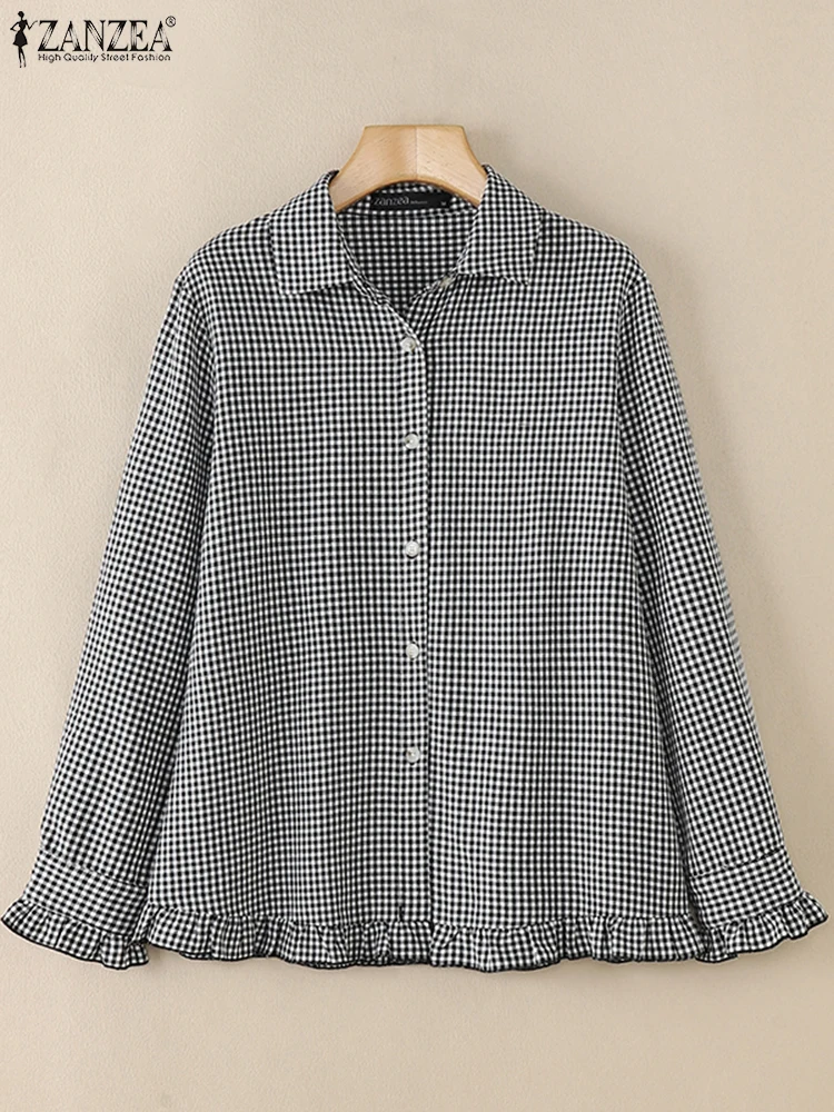 ZANZEA модные рубашки с воротником лацканами богемные топы рюшами по краю