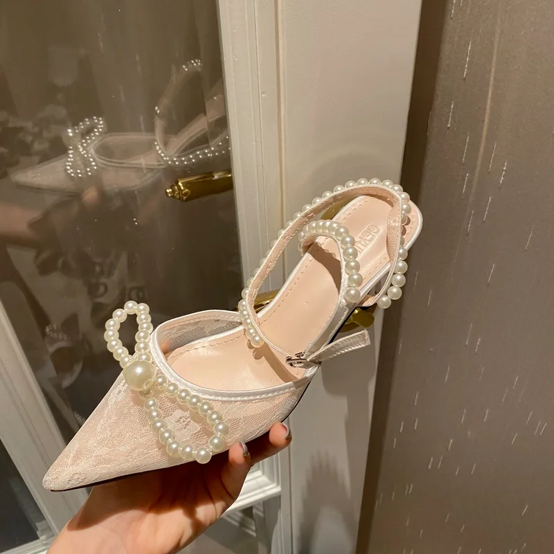 

NewElegant Women Party Dress Shoes Pointed Toe Ankle Buckle Strap Pumps Sandals String Bead Bowknot Designer Heels 2022 Zapatos