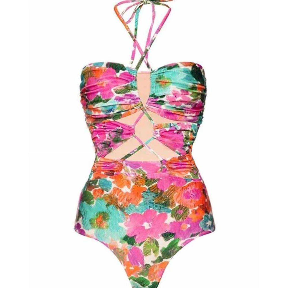 

New Color Block Elegance Print OnePiece Swimsuit Summer Beach Fashion Pieces for Bikini 2022 Woman Slim Fit Sexy Erotic Suit