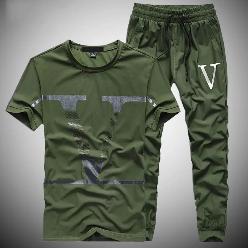 Men's Summer Sports Leisure Sports Suit Short-sleeved T-shirt Trousers Fashion Printing Handsome Two-piece Set