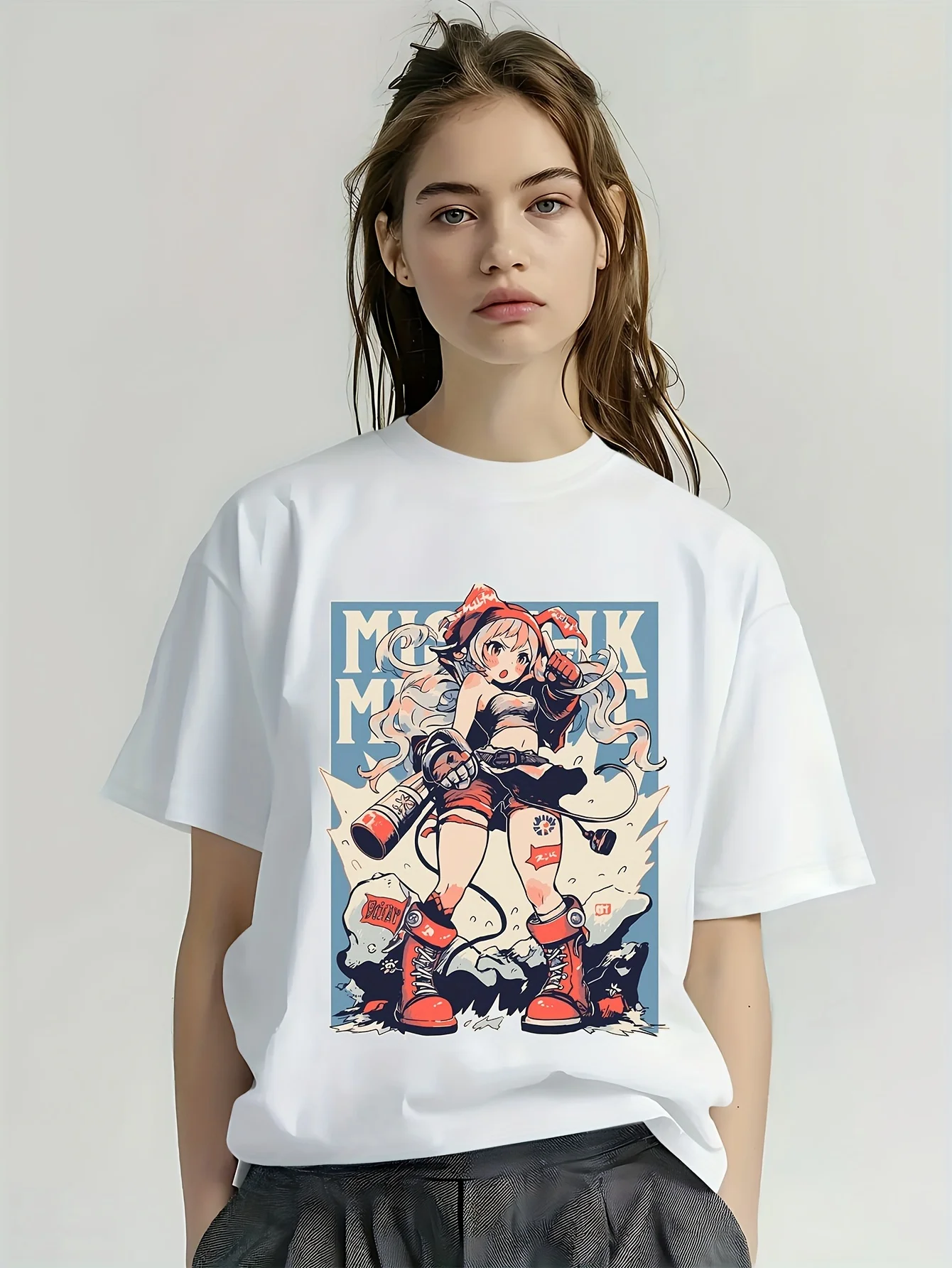 Футболка с мультяшным принтом повседневный топ коротким рукавом и круглым