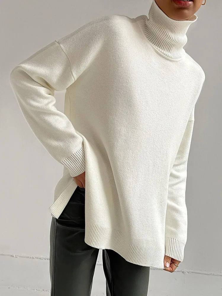 

2022 Autumn Winter Long Sleeve Turtleneck Jumper Women Loose Knit Sweater Top Autumn Winter Blue Christmas Sweater